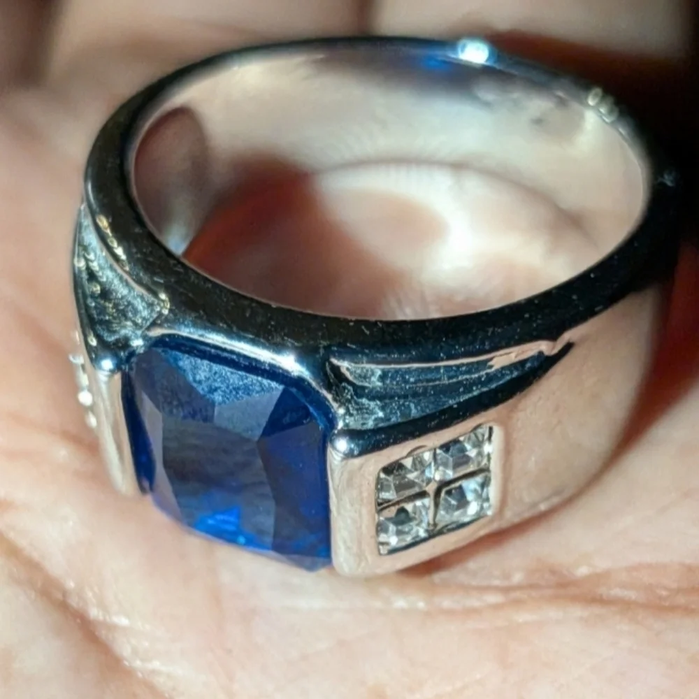 Men's Silver and Blue Gemstone Ring Sz 10